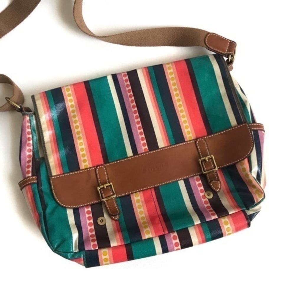 Fossil Coated Canvas Striped Messenger Shoulder Crossbody Bag